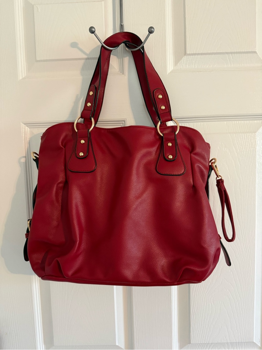 Red Leather-Look Hobo Tote with Gold Accents